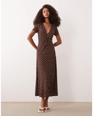 Mango Twist Front V Neck Midi Dress - Brown