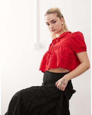 Monki Cotton Poplin Peplum Tie Shirt Top With Collar And Front Tie Up Detail - Red