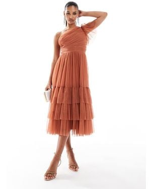LACE & BEADS Bridesmaid Madison One Shoulder Tulle Midi Dress - White