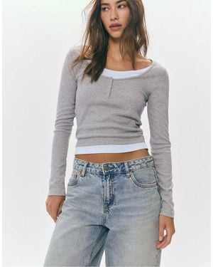 Stradivarius Double Long Sleeve Snap Button T-shirt - Grey