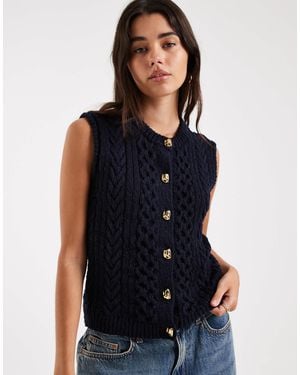 4th & Reckless Chunky Cable Knit Gold Button Sleeveless Vest - Blue