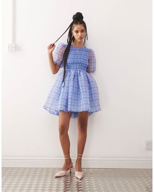 Amy Lynn Organza Puffball Mini Dress With Cut Out Back - Blue
