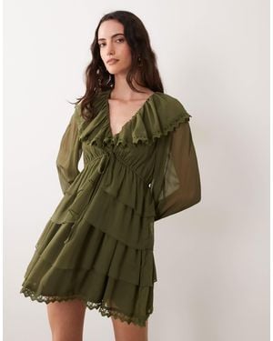 Miss Selfridge Chiffon Ruffle Tie Front Dress - Green