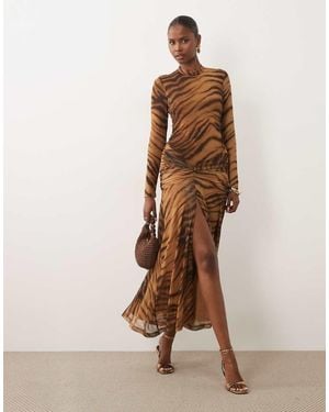 Bardot Mesh Mock Neck High Split Maxi Dress - Brown