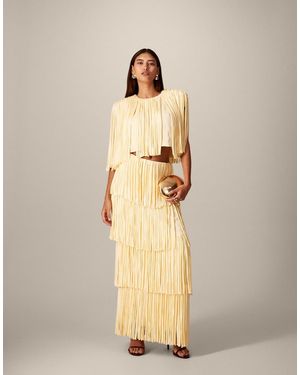 ARRANGE Fringe Tiered Top Co-Ord With Shoulder Pad - Natural