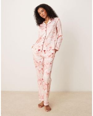 Chelsea Peers – pyjama aus satin mit muster mit briefen an den weihnachtsmann, mit langärmligem oberteil mit reverskragen - Pink