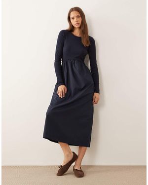 Threadbare Vestido Midi De Manga Larga De Mezcla De Popelina Y Punto Liso De - Azul