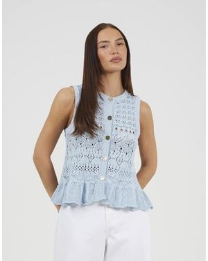 Brave Soul Pointelle Knit Waistcoat With Frill Hem - Blue