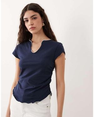 ASOS Cap Sleeve V Neck Top With Contrast Edge - Blue