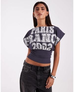 JJXX Cinched Waist Top With Paris Print - Blue