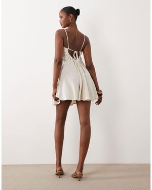The Frolic Exclusive Linen Look Square Neck Cinched Open Back Detail Floaty Mini Dress - White