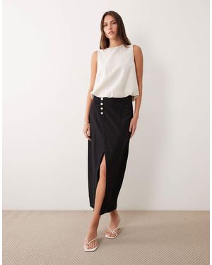Vila Linen Touch Button Front Midi Skirt - Natural