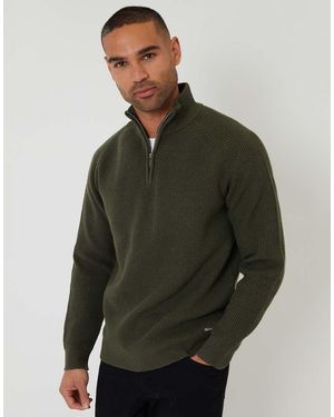Threadbare Cotton Blend Rib Panel Quarter Zip Knitted Jumper - Green