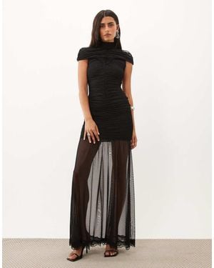TFNC London Mesh High Neck Maxi Dress With Ruched Detail - Black