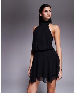 Fashionkilla – kurzes neckholder-kleid aus em chiffon mit rüschenrock und umgeschlagenen details - Schwarz