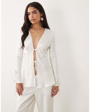 Lioness Veil Satin Tie Front Detail Long Sleeve Top - Natural