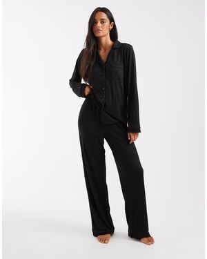 Loungeable Super Soft Jersey Revere Top And Wide Leg Pyjama Set With Piping Detail - Black