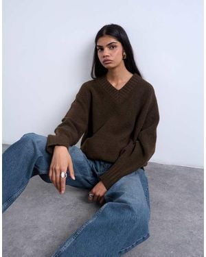 TOPSHOP Maglione Minimal Color Cioccolato Con Scollo A V - Marrone
