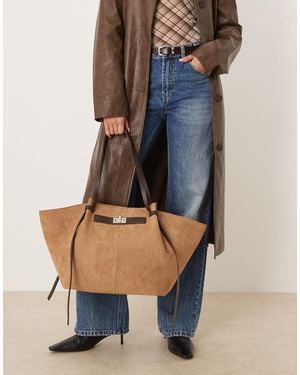 Gina Tricot Faux Suede Medium Tote Bag With Strap And Clutch Detail - Blue