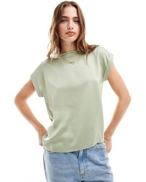 Vila Satin Front T-shirt With Turn Up Sleeve - Green