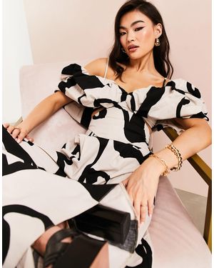 ASOS Crop top d'ensemble bouffant en coton avec encolure bardot - imprimé tourbillon - Noir