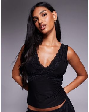 Fashionkilla Double Sculpted Slinky Lace Trim V Neck Tank Top - Black