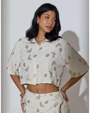South Beach Floral Sequin Embroidered Short Sleeve Shirt - Grey