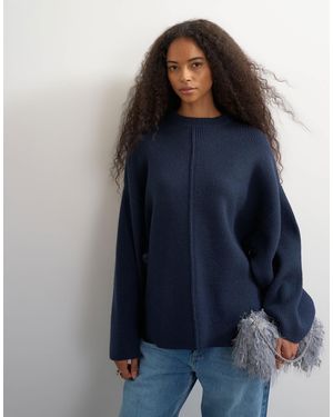 TOPSHOP Kastiger strickpullover mit weiten ärmeln und knopfdetail - Blau