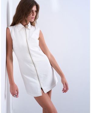 TOPSHOP Denim Zip Through Collar Sleeveless Mini Dress - White