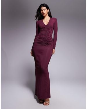 Wanderdoll Wander Doll Drew Sculpting Second-skin Shoulder Pad Detail Plunge Neck Ruched Maxi Dress - Purple