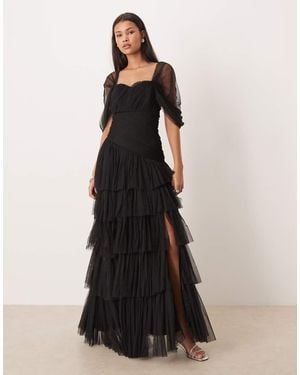 LACE & BEADS Asymmetric Ruffle Tulle Maxi Dress - Black