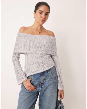 ASOS Crochet Semi Sheer Bardot Top With Asymmetric Hem - Grey