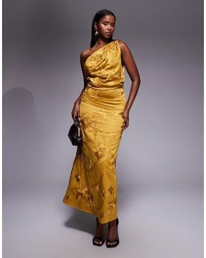 ASOS Embroidered One Shoulder Tuck Drape Midaxi Dress - Yellow