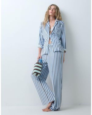 Loungeable Cosy Velour Revere Button Up Shirt And Trouser Pyjama Set - Blue