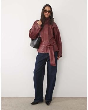 Mango Faux Leather Funnel Neck Belted Jacket - Red