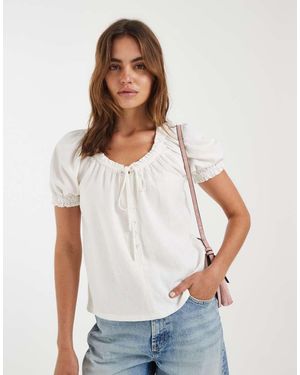 ONLY Top Blanco Con Lazada Delantera De Mezcla De Lino