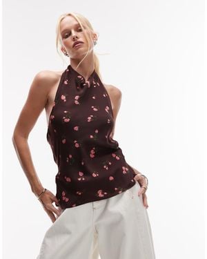 Mango Satin Open Back Drape Neck Floral Print Top - Brown