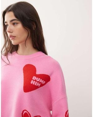 Noisy May Red Heart Knit Jumper With Dump Him - Pink