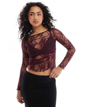 Pull&Bear Long Sleeve Lace Top With Asymmetic Seam Detail - Red