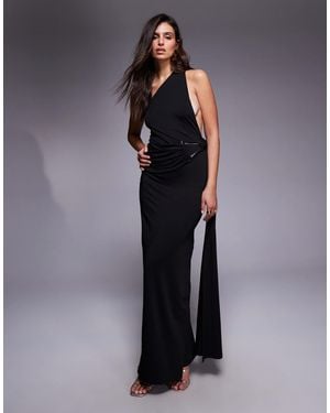 Aria Cove Double Sculpted Slinky Open Back Metal Detail Ruched Drape Detail Maxi Dress - Blue
