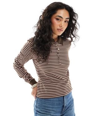 Monki Long Sleeved Pique Polo - Brown
