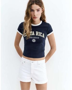 Pull&Bear Ribbed T-shirt With Graphic - Blue