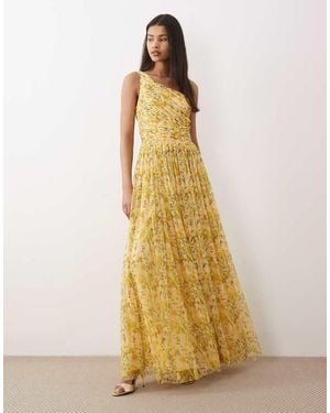 LACE & BEADS Tulle One Shoulder Maxi Dress - Metallic