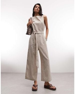 Monki Mouwloze Jumpsuit Van Linnenmix Met Strikceintuur - Wit