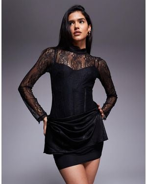 ASOS Lace Long Sleeved High Neck Mini Dress With Drape Overlay Skirt - Black