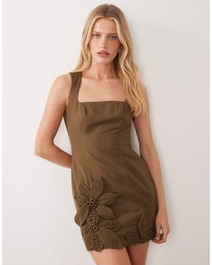 ASOS Square Neck Flower Applique Mini Dress - Brown