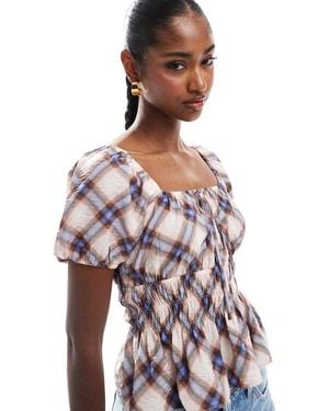 New Look Check Short Sleeve Milkmaid Top - White