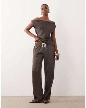 Lioness Femme Pant Satin Contrast Tie Relaxed Leg Trousers - Natural