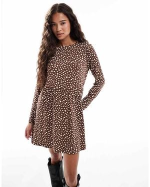 Wednesday's Girl Long Sleeve Smudged Polka Dots Mini Dress - Brown