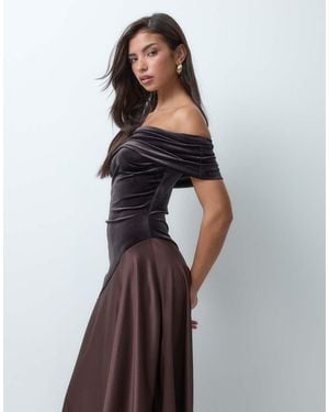 ASOS Velvet Bardot Midi Dress With Asymmetric Satin Skirt - Blue